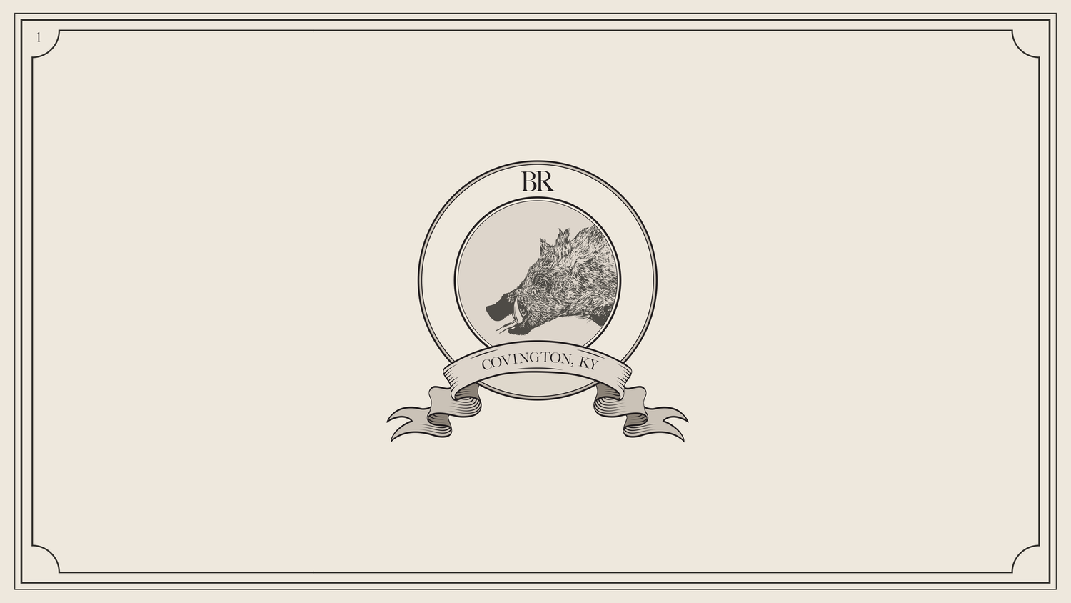 Boar's Room identity: engraved boar's head crest with BR monogram and Covington, KY ribbon