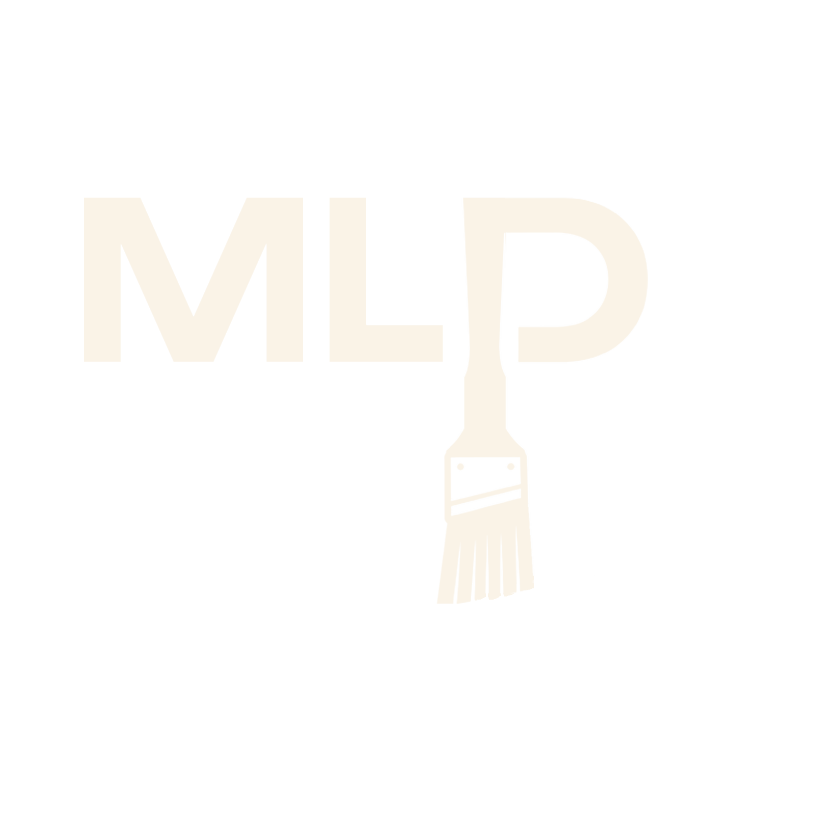 The secondary MLP monogram in cream: M and L drawn from the brush mark's own strokes, the paintbrush mark as the P